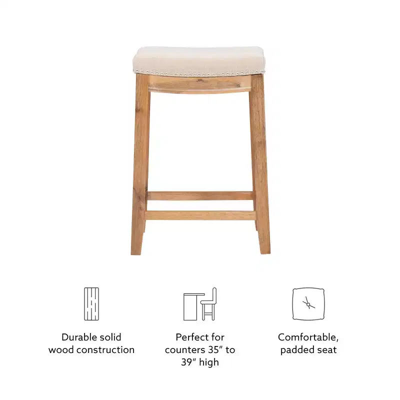 Counter Height Barstool Rustic Brown Natural Linen Upholstered Backless