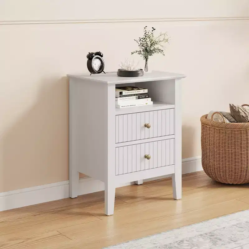 Heynemo Fluted 2 Drawer Dresser, Nightstand with Charging Station, Modern Chest of Drawers, Modern Wood Dresser with Spacious Storage, Tall End Table
