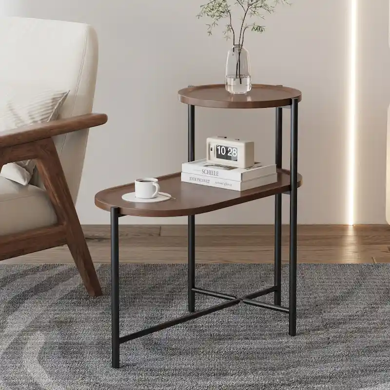 Small Coffee Tables 2-tier Modern Sofa Side Table with Wood Storage Shelf Living Room End Tables Nightstands (Walnut Brown)