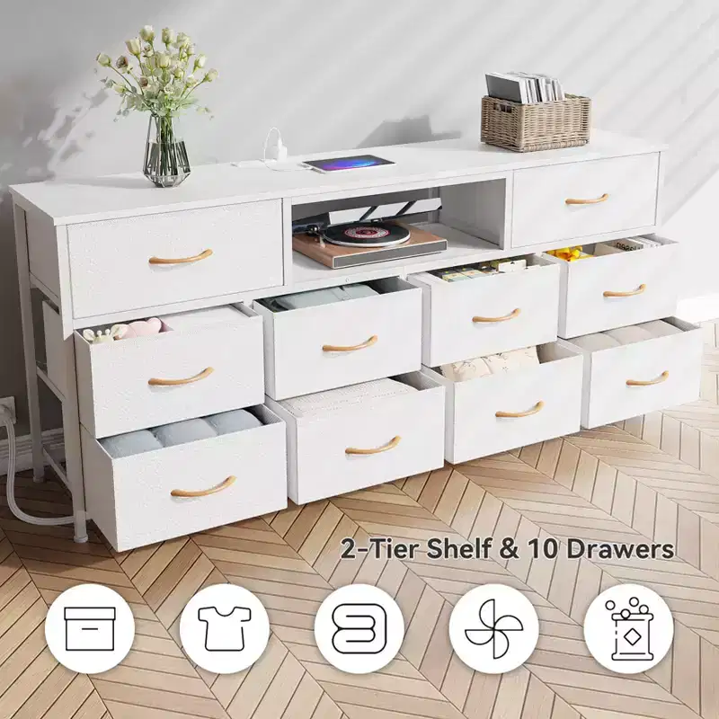 Large White 10 Drawer Dresser TV Stand For 75 Inch TV Media Console Fabric Storage Chest With Power Outlets LED Lights Bedroom Furniture Organizer