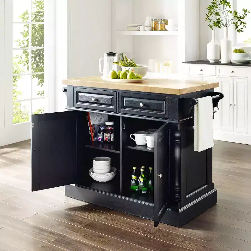 Butcher Block Kitchen Island Black Traditional MDF Frame Wood Surface 2 Doors 4 Drawers 4 Shelves