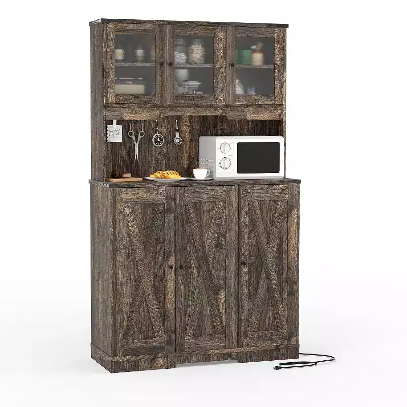 71 Tall Pantry Cabinet with Charging Station, Farmhouse Kitchen Hutch Storage Cabinet with Microwave Stand,for Living Room, Dining Room