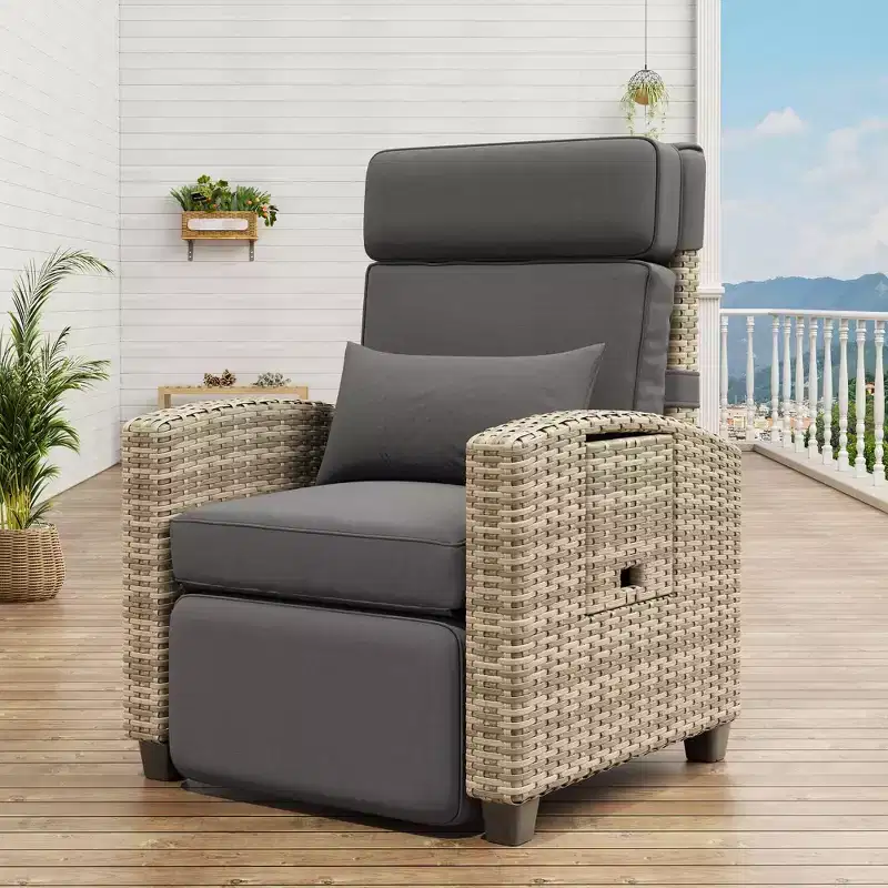 Outdoor Recliner Chair, Reclining Patio Chairs with Adjustable Backrest & Footrest, Wicker Lounge Recliner Up to 150 with Flip-Up Table