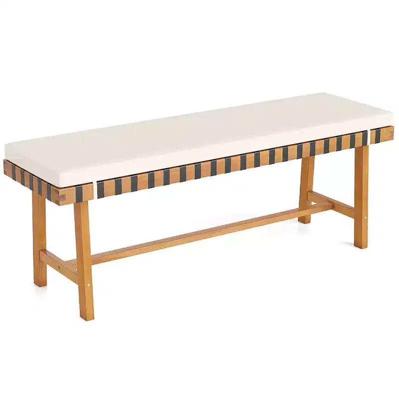 Costway 48 Long Acacia Wood Outdoor Bench with Thick Padded Seat Cushion Entryway Bench