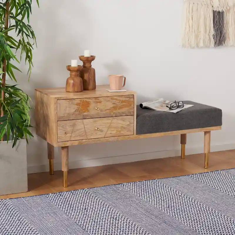 Modern 2-Drawer Cushioned Seated Bench - 43 In. W x 15 In. D x 21 In. H - 43Wx15Dx21H