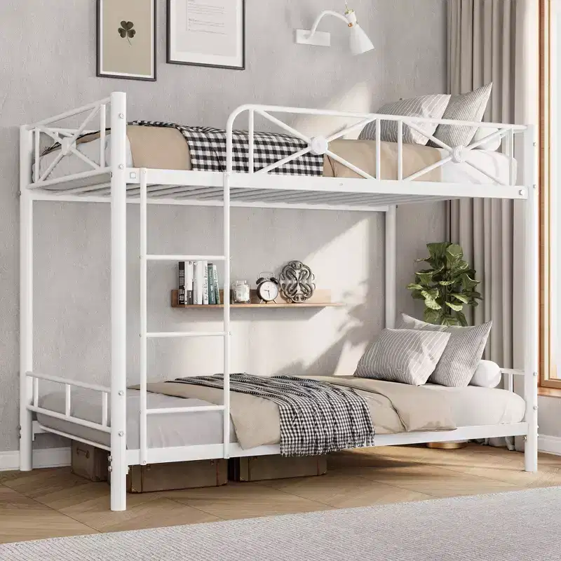 White Twin Metal Bunk Bed,Industrial Loft Design,Safety Guard Rails  Space-Saving Steel Frame for School, Bedroom