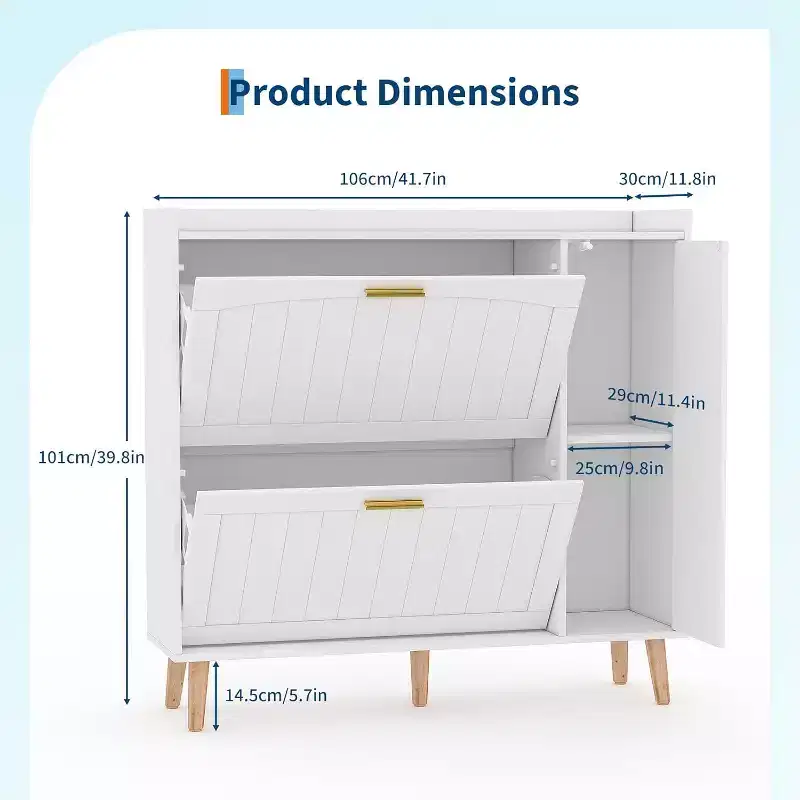 Shoe cabinet with mirror, two flip-top drawers and side storage cabinet; freestanding design with adjustable shelves; hallways and bedrooms.
