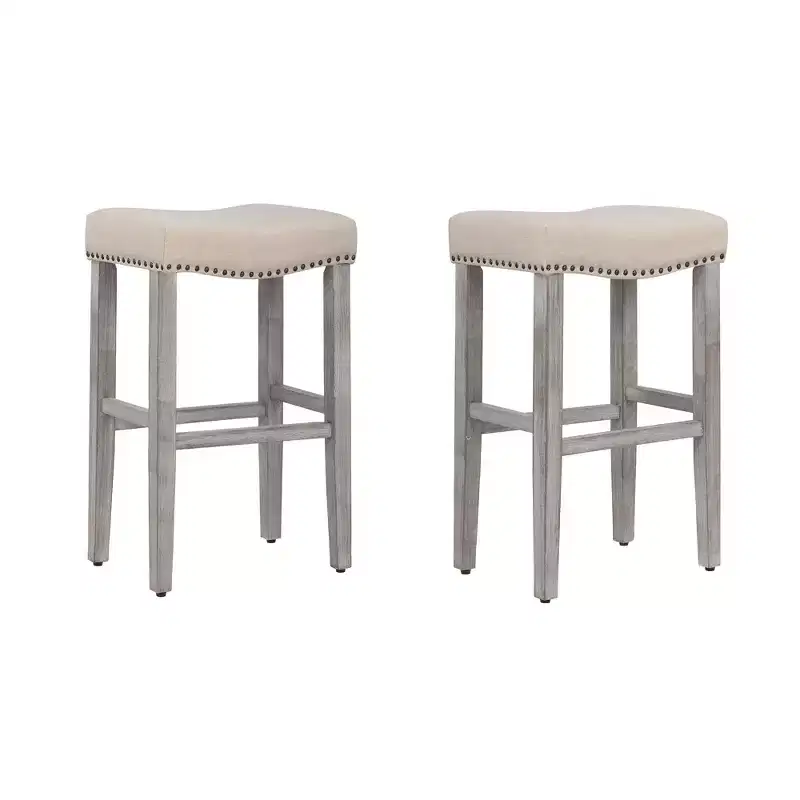 WestinTrends 29 Upholstered Saddle Seat Bar Stool (Set of 2), Antique Gray/Beige