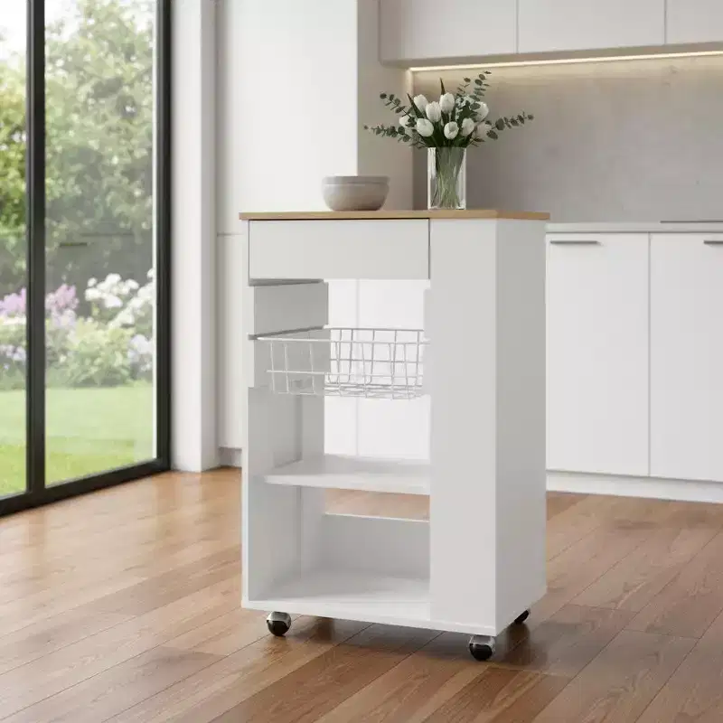 HomeRoots White and Brown 22 Rolling Kitchen Cart With Storage