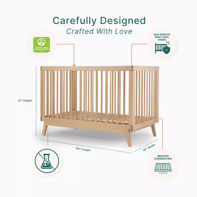 3-in-1 Convertible Crib, Solid European Beechwood, Made in Italy - GREENGUARD Gold