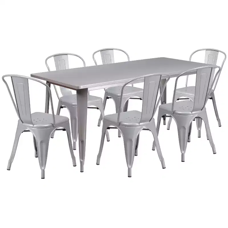 Flash Furniture Commercial Grade 31.5 x 63 Rectangular Metal Indoor-Outdoor Table Set with 6 Stack Chairs