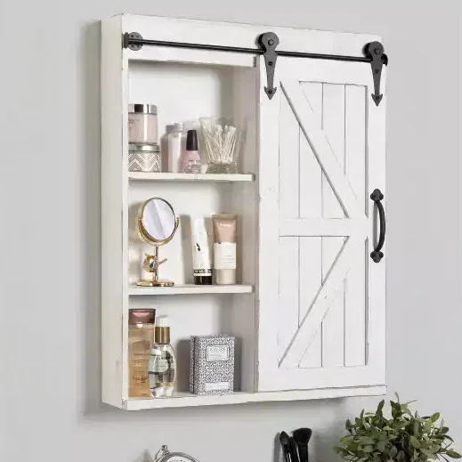 Decorative Wood Wall Storage Cabinet with Vanity Mirror and Sliding Barn Door, Rustic