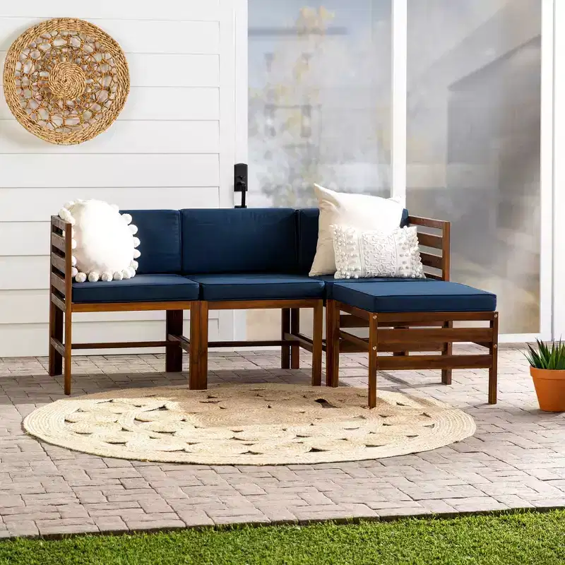 4pc Modular Acacia Wood Patio Sectional with Ottoman - Dark Brown/Navy - Saracina Home: Weather-Resistant, Removable Cushions