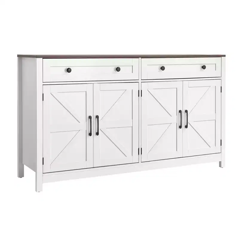 VEVOR Coffee Bar Cabinet, Farmhouse Coffee Bar Table with 2 Drawers, Buffet Stand Cabinet with 4 Barn Doors, 55.1 x 15.5 x 31.5 in, White