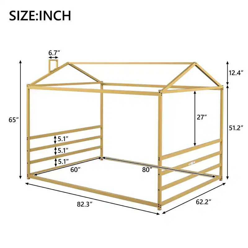 Metal Queen Size Floor Bed for Kids,Montessori Floor Bed with Roof,House Bed Frame Queen for Boys Girls, Gold
