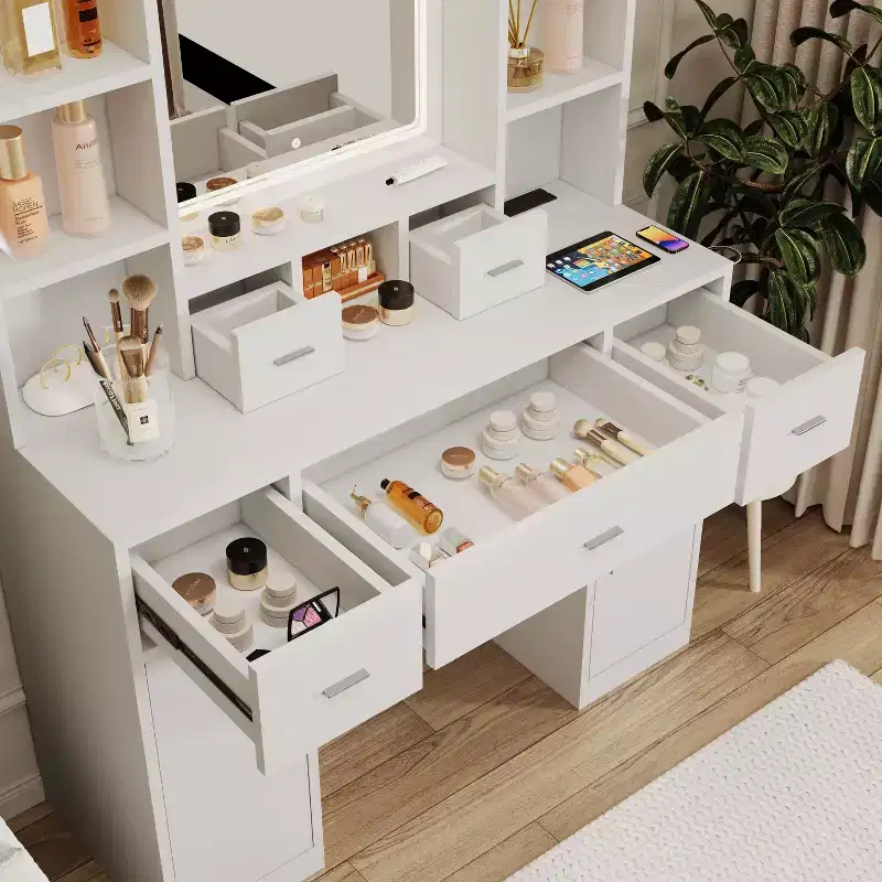 Vanity Table with LED Lights, 5 Drawers & Storage Cabinet – Dressing Pad, White
