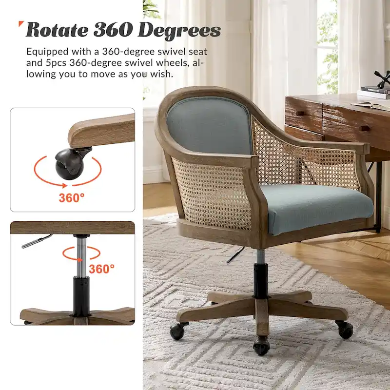 Danilo Farmhouse 360 Degree Swivel Height Adjustable Rattan Desk Chair with RubberWood by HULALA HOME