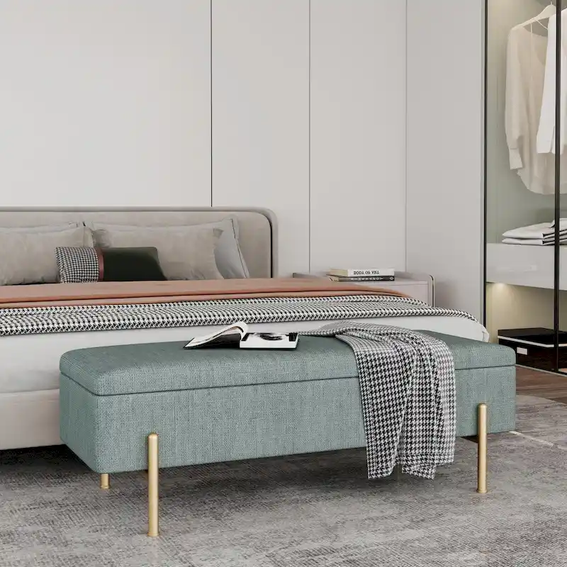Rectangular Upholstered Storage Bench with Padded Seat and Storage Chest