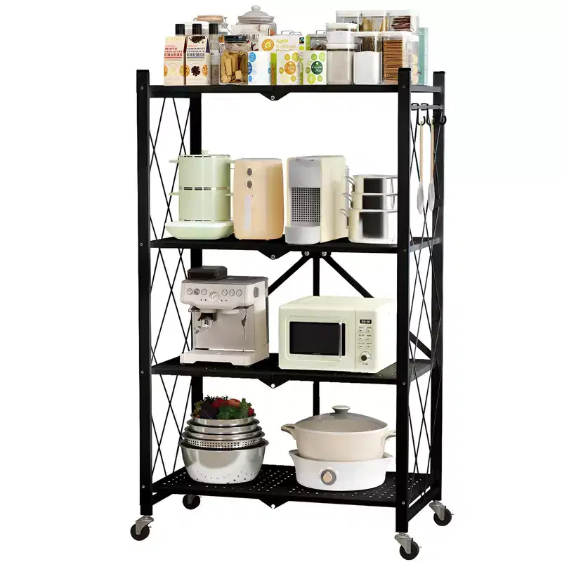4-Tier Foldable Metal Storage Shelf with Rolling Wheels Heavy Duty Wire Organizer Rack Black