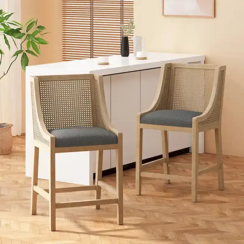 Fabric Upholstered Wood and Cane 25.5-Inch Counter Stools