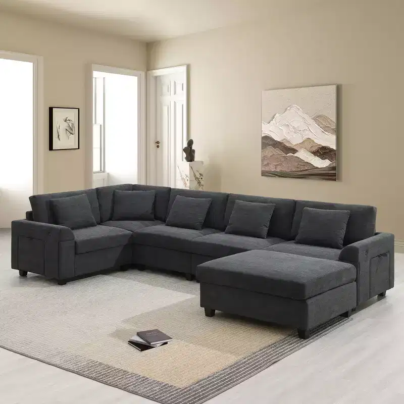 Whisen Modern Chenille U-shaped Sectional Sofa with Oversized Ottoman, Hidden Armrest Storage and Cup Holders, USB Charging Ports