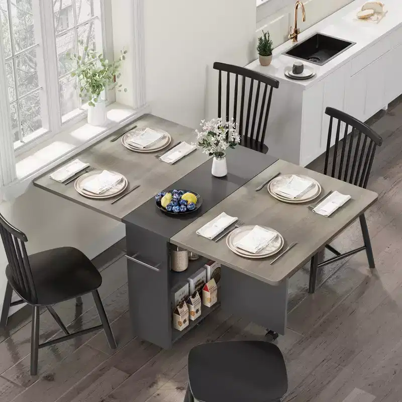 Folding Dining Table with 2 Storage Racks, Drop Leaf, 6 Wheels, Multifunction Expandable Table for Kitchen, Bedroom, Living Room