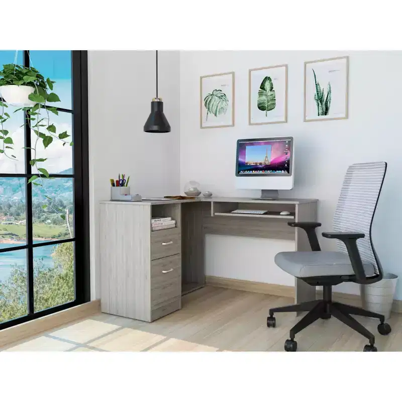 L-Shaped Corner Desk with Two Drawers and CPU Storage, Keyboard Shelf and Open Storage Shelf, Writing Desk for Office and Bedroom