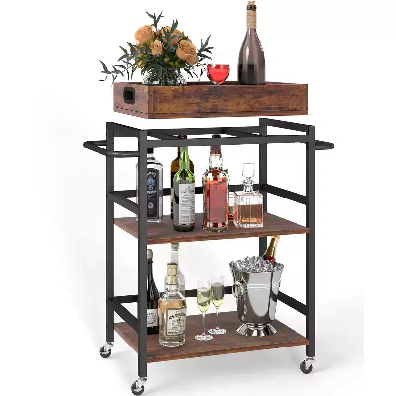 3-Tier Rolling Bar Cart with Wheels Removable Tray Metal Kitchen Serving Cart 154 lb Capacity Lockable Casters Powder-Coated Steel Frame