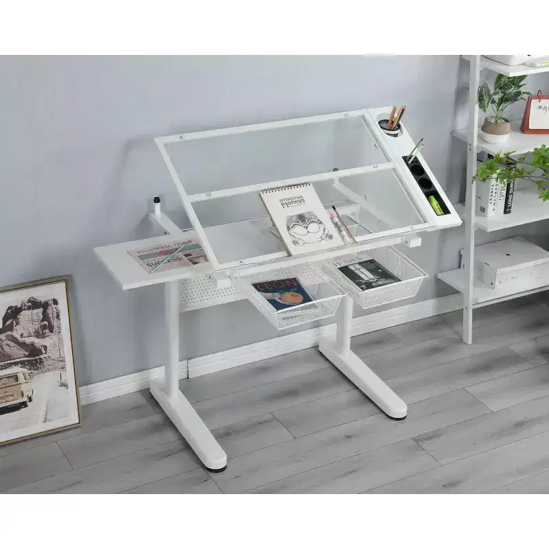 JVNOXK hand crank adjustable drafting table drawing desk with 2 metal drawers (white)-WITH STOOL
