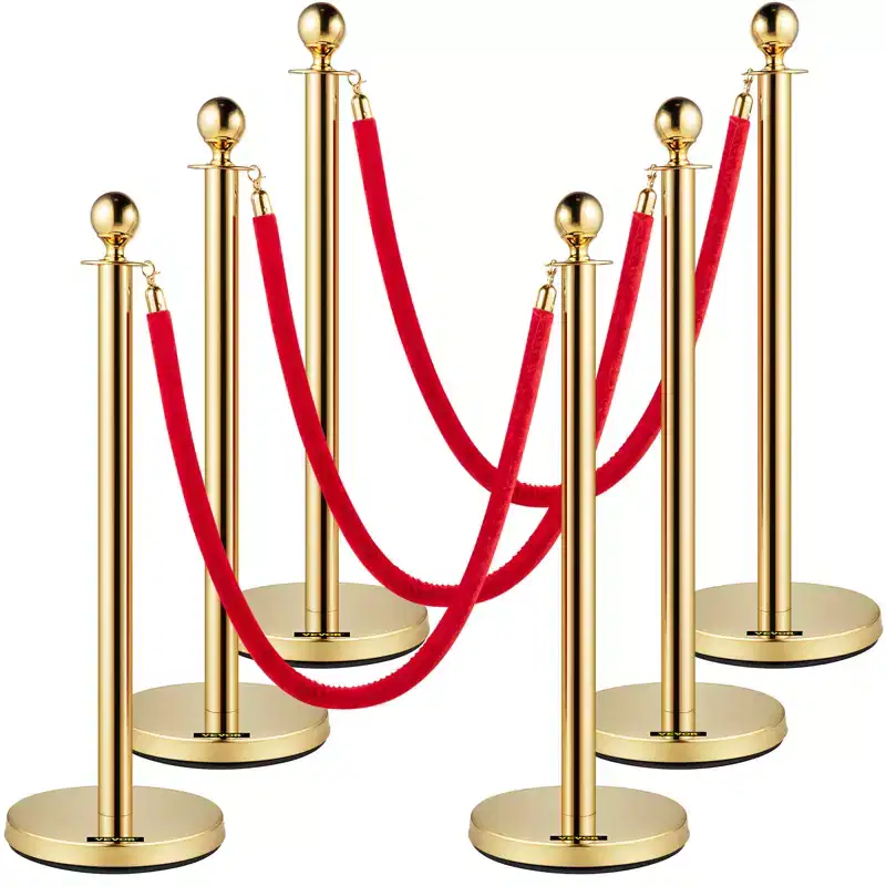 Velvet Ropes and Posts, 5 ft Red Rope, Stainless Steel Gold Stanchion with Ball Top, Crowd Control Barrier for Theaters, Gold