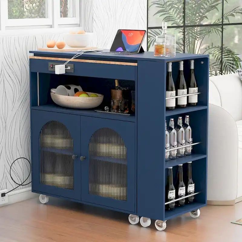 LED Lights Kitchen Island Cart With Extended Table and Power Outlets