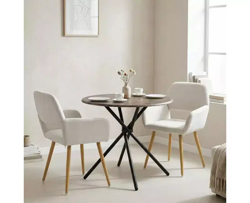 Beige 3-Piece Round Dining Set for 2, Upholstered Armchairs, Metal Frame