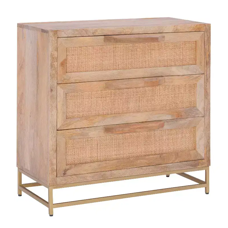 Transitional 3 Natural Cane Drawers Cabinet with Gold Metal Base
