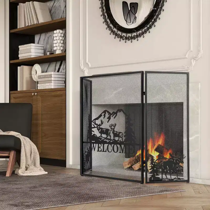 Costway 52 x 31 In Fireplace Screen 3-Panel Spark Guard with Natural Scenery, Moose Pattern