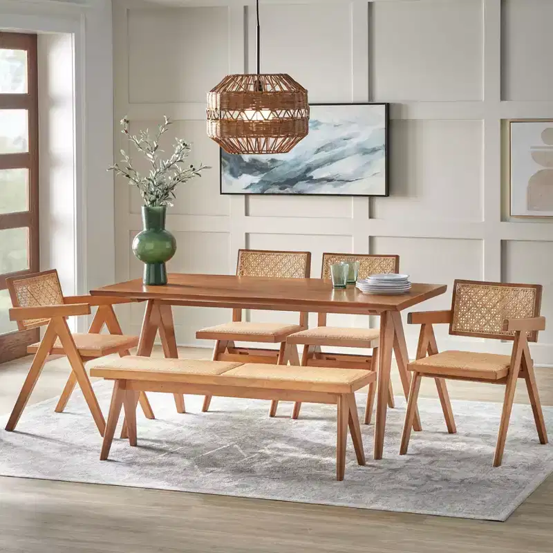 6pc Valentina Modern Dining set with 1 table 2 chairs 2 arm chairs 1 bench Light Walnut
