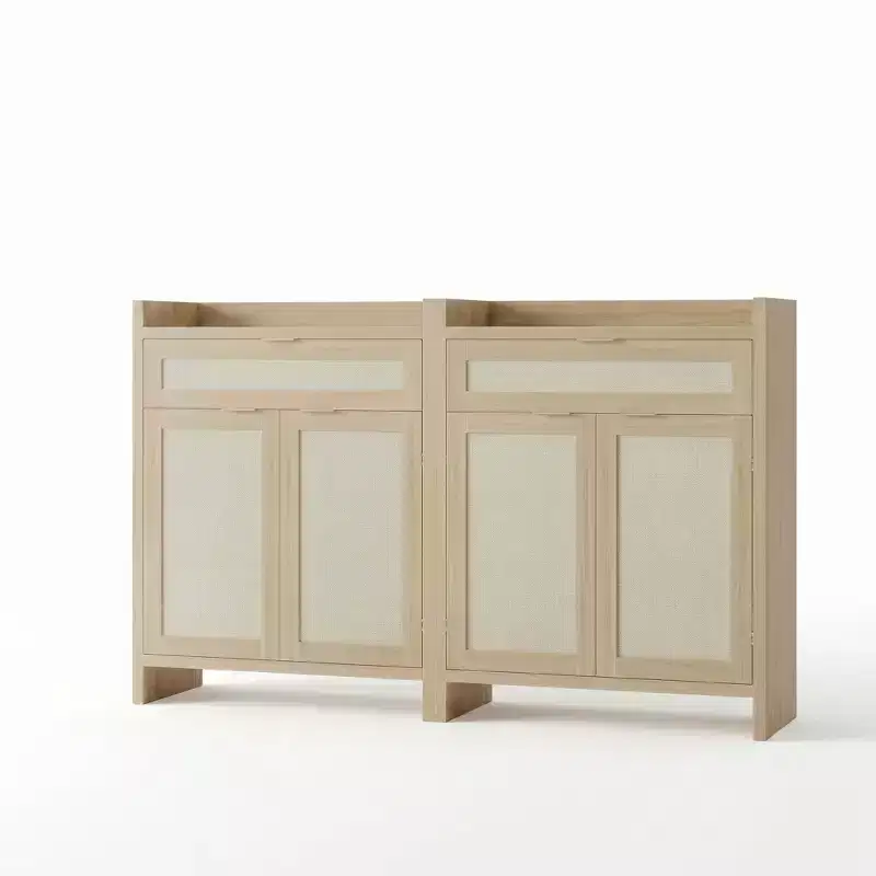 2 Pcs Shoe Storage Cabinets Organizer, Farmhouse Ratten Accent Shoe Cabinets with Adjustable Shelves for Entryway, Doorway, Hall
