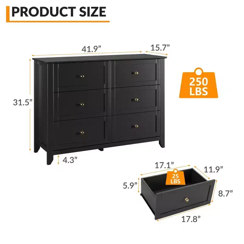 CuisinSmart Wood Dresser for Bedroom, 6 Drawer & Metal Handle, Closet Store Organizer, for Living Room, Hallway, Modern Minimalist
