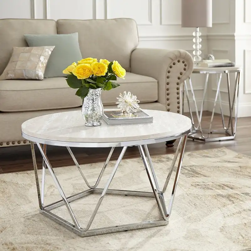 SEI Furniture Henderson Faux Marble Silver Finish Round Coffee Table