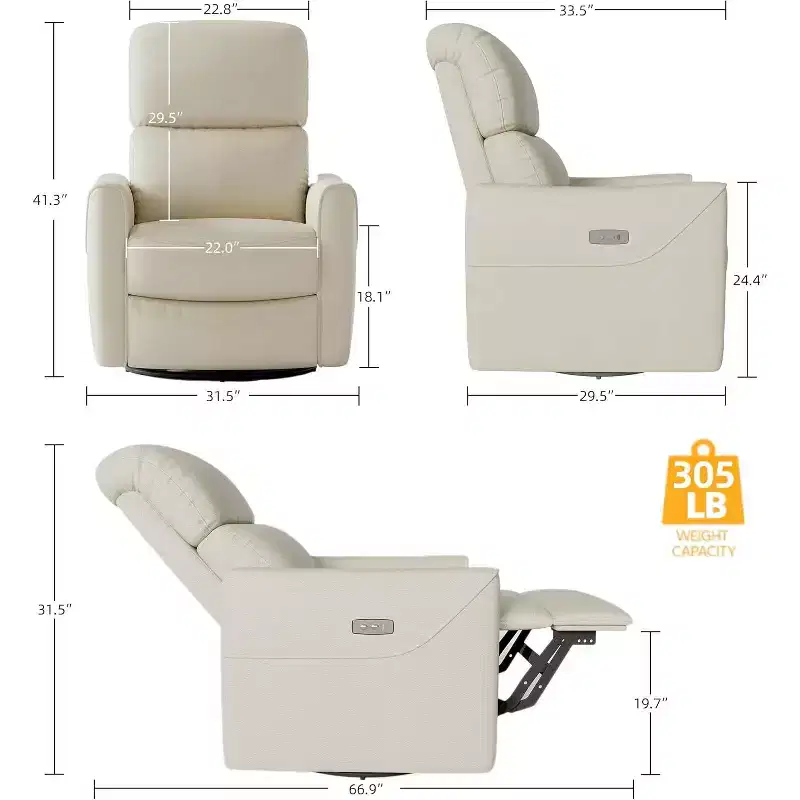 Swivel glider lounger with lumbar support, imitation leather interior, suitable for living room, bedroom baby lounger