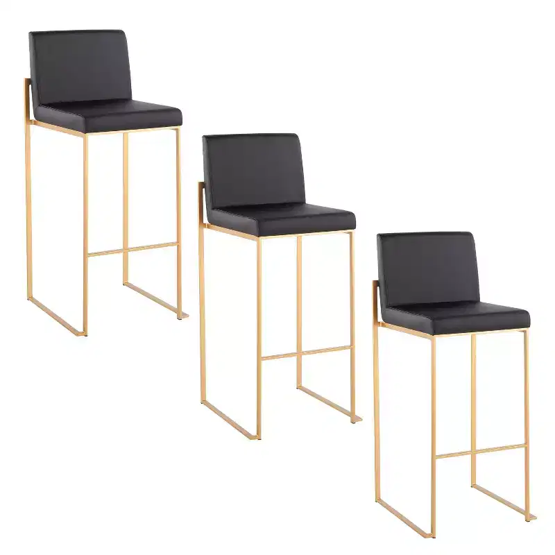 LumiSource Set of 3 Fuji High Back Barstools Gold Steel/Black PU