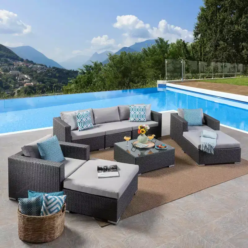Christopher Knight Home Penny 8 Piece Patio Rattan and Iron Furniture Conversation Set with Tempered Glass Coffee Table
