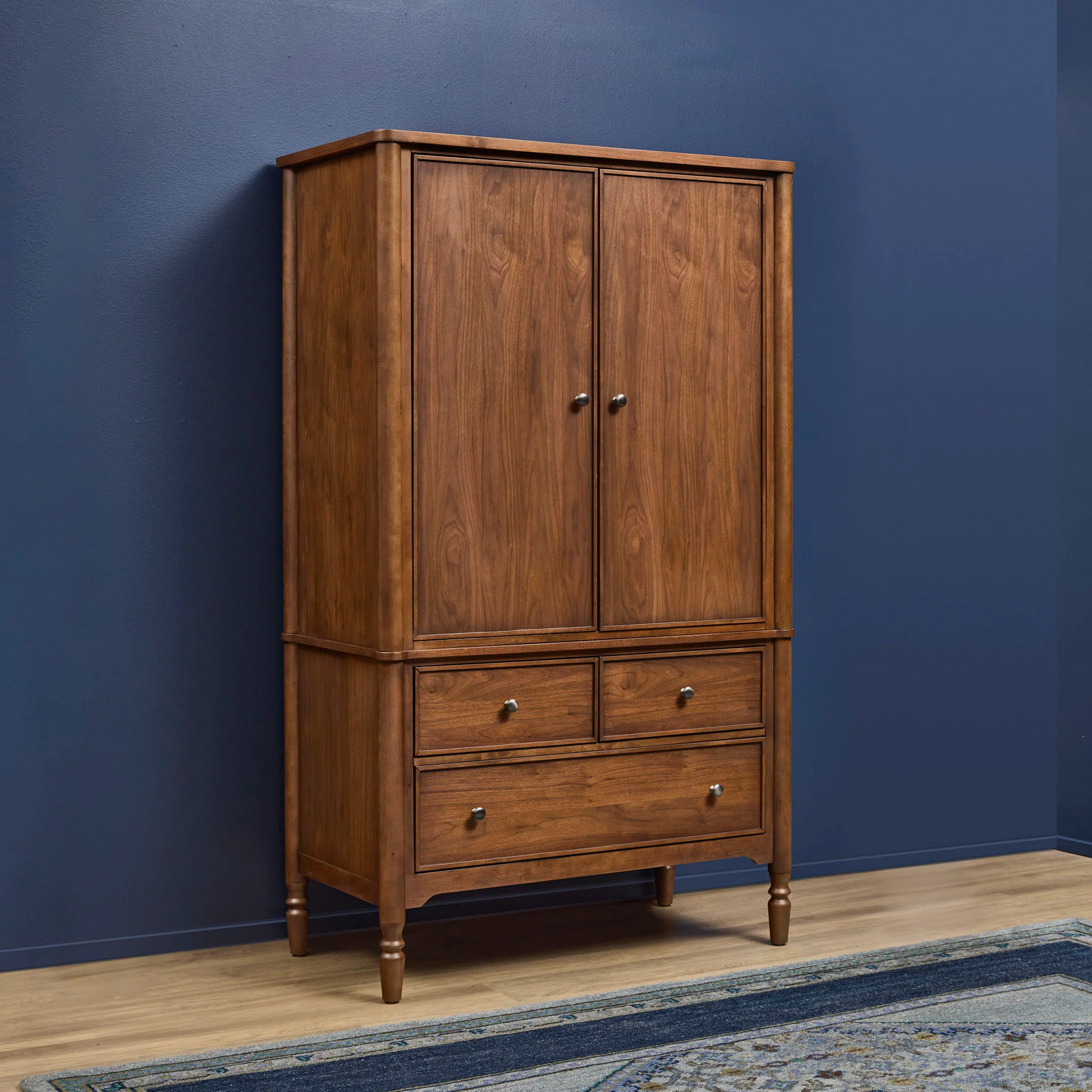 Armoire Walnut product Features New traditional style with turned legs and finial details
