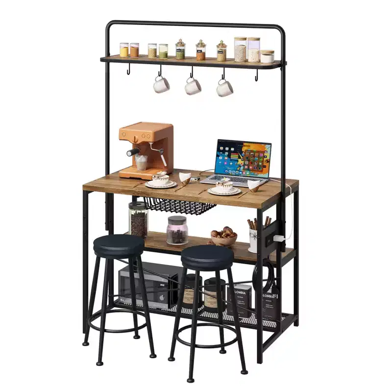 42in Industrial Kitchen Island with Power Outlet & 2 Bar Stools, 3-Piece Dining Set with Storage Shelves, Microwave Stand and 5 Hooks for Coffee Bar