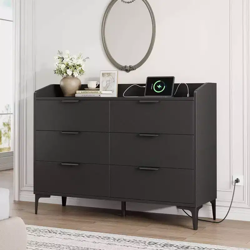 6 Dresser with Power Outlets, Freestanding 47.2 Wide Drawer Dresser, Wooden Closet Storage Chest for Bedroom, Living Room
