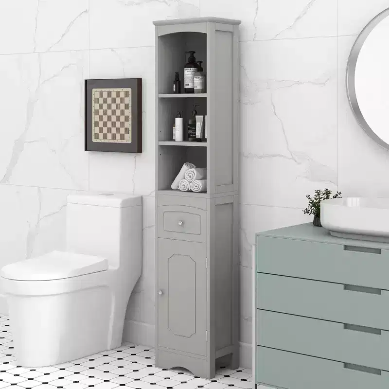 Tall Bathroom Storage Cabinet with Shelves, Drawer and Door, Slim Freestanding Linen Tower for Small Spaces