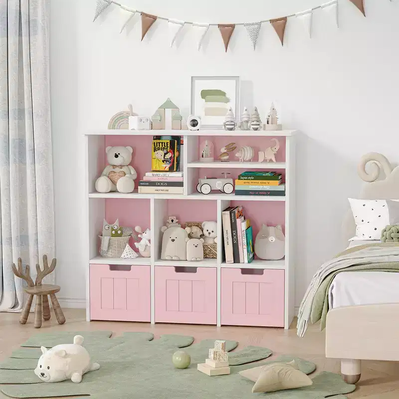 Toy Storage Cabinet, Kids Toy Shelf, Bookshelf with Hidden Wheels, 3 Removable Drawers for Bedroom, Playroom and Nursery, White Pink