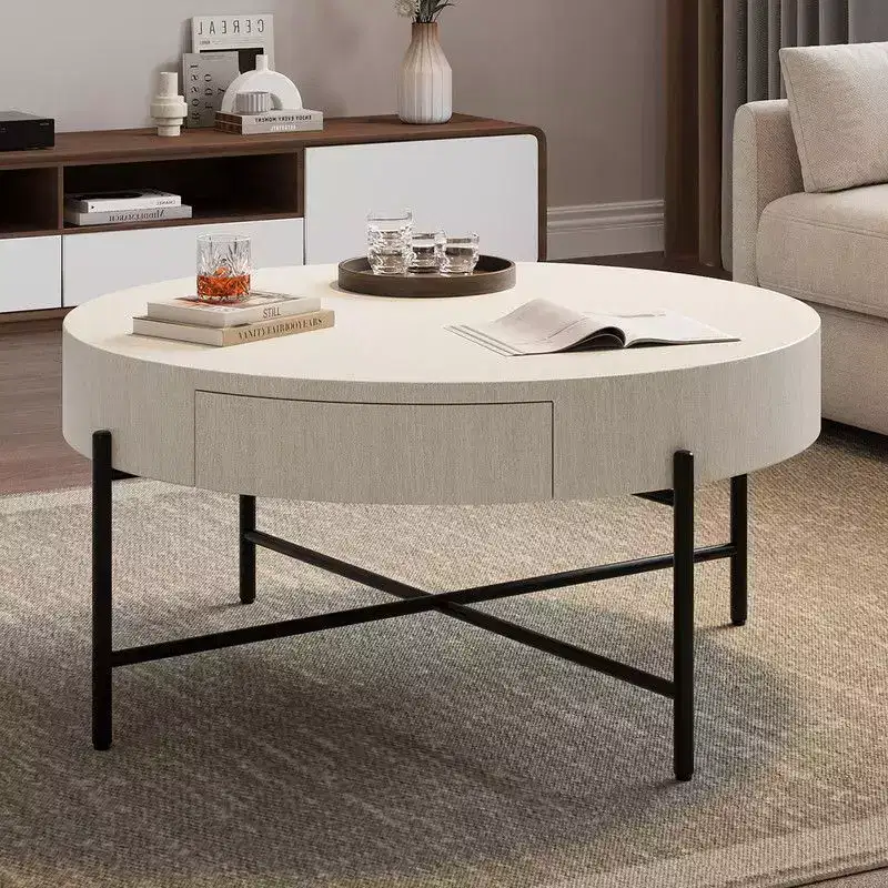 Vintage Round Coffee Table with Drawer - Wooden Accent Center Table with Storage for Living Room