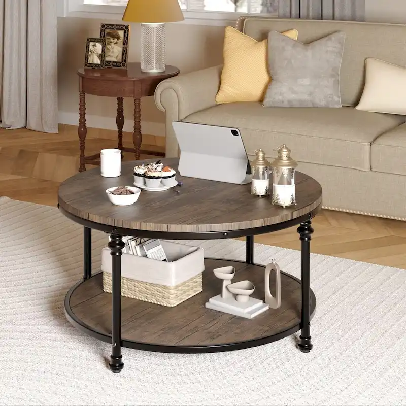 Round Coffee Table with 2-Tier Shelf, 30.31