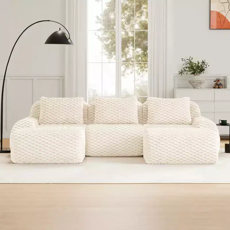 146 Modular Sectional Sofa Flannelette 4-Seater Deep Seat Buckle No Assembly Cream