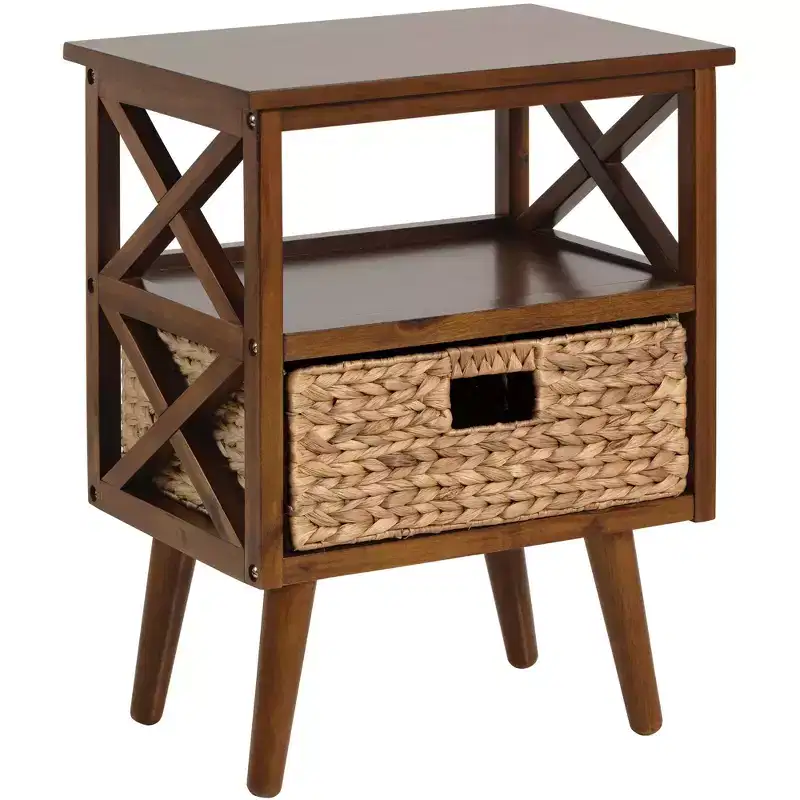 eHemco X-Side Mid-Century Modern Nightstand End Table with Storage Shelf and Wicker Basket